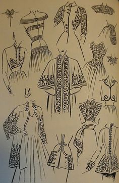 an old fashion book with drawings of dresses and blouses on the pages, all in black and white