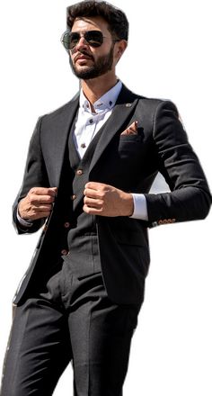 MAX - Black Three Piece Suit with Contrast Buttons Black Professional Sets For Business Casual, Black Business Sets With Pockets, Black Suits With Pockets For Business Casual, Black Single Breasted Business Casual Sets, Black Notch Lapel Sets For Office Wear, Black Single Breasted Sets For Business Casual, Black Single-breasted Business Casual Sets, Classic Black Office Sets, Black Single Breasted Suit And Tie Accessories For Semi-formal