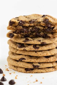 chocolate chip cookies stacked on top of each other