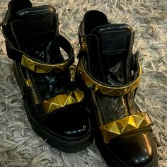 Never Worn, Very Good Condition Designer Party Shoes With Round Toe, Black Leather Party Sneakers, Leather Party Sneakers With Round Toe, Designer Leather Party Sneakers, Gold Leather Party Sneakers, Lofted Cabin, Ghost Bike, Zanotti Shoes, Shoes Men