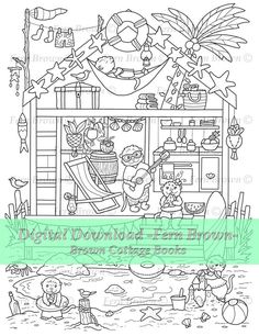 a coloring page with an image of a beach house and children's toys in it