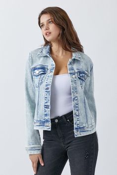 A button-up washed denim jacket is a versatile and timeless wardrobe staple. Featuring a classic button-up front and washed denim fabric, it offers a relaxed and casual look. This jacket can be styled in various ways, from pairing it with jeans for a classic denim-on-denim outfit to layering it over a dress for a chic contrast. With buttoned chest pockets for added detail, it adds a touch of practicality and style. The washed denim jacket is a stylish and effortless piece that can be dressed up Light Wash Jean Jacket, Vintage Wash Jeans, Acid Wash Denim Jacket, Light Wash Denim Jacket, Luxury Winter, Denim Outfits, Classic Denim Jacket, Timeless Wardrobe Staples, Acid Wash Denim