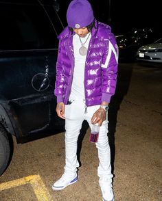 Winter Drip Outfits Men, Purple And White Outfit, Purple Outfit Ideas, Mens Twists, Black Cat Outfit, Ybn Nahmir, Winter Drip, Purple Dreads, Men Streetwear Outfits