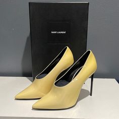 Brand New With Box Saint Laurent Heels Size 37.5 Yellow Closed Toe Heels For Formal Occasions, Yellow Closed Toe Evening Heels, Yellow Pointed Toe Court Shoes For Formal Occasions, Yellow Closed Toe Formal Court Shoes, Yellow Closed Toe Court Shoes For Formal Occasions, Yellow High Heel Court Shoes For Formal Occasions, Elegant Yellow Pointed Toe Court Shoes, Yellow Patent Leather Party Heels, Yellow Patent Leather Heels For Evening