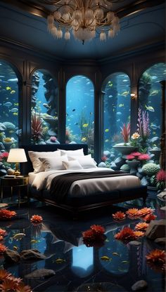 an underwater bedroom with fish and corals on the floor, as well as a chandelier