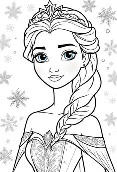 the frozen princess coloring page with snowflakes and stars in the sky behind her