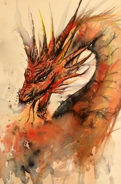 a watercolor painting of a red dragon