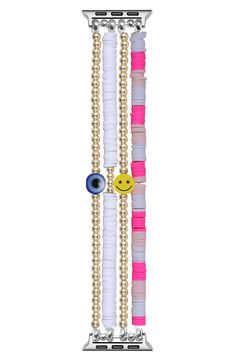 A beaded Apple Watch band brings chic style to your daily outfits. Apple Watch not included Compatible with Series 1–7 Apple Watch and Apple Watch SE Plastic Imported Trendy Beaded Gold Apple Watch Band, Trendy Gold Beaded Apple Watch Band, Trendy Gold Beaded Watch Bands, Trendy Beaded Apple Watch Band As Fashion Accessory, Trendy Beaded Apple Watch Band, Trendy White Beaded Bracelet With Strap, White Trendy Beaded Bracelets, Preppy Apple Watch, Beaded Watches