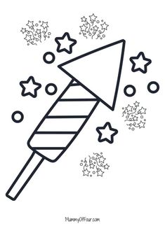 a black and white line drawing of a candy cane with stars on the side, surrounded by confetti sprinkles