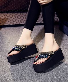 Chid Black Diamond Tassel Platform Wedge Thong SandalsMade of:-Breathable Mesh Upper.-EVA sole-Viscose cushioned insole.2.36"/6cm Wedge Heel Cheap Slippers, Heels Slippers, Woman Sandals, Comfort Women, Sandals Beach, High Heel Slippers, Women Slides, Platform Wedge Heels, Wedge Flip Flops