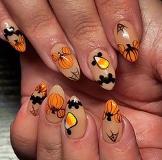 50+ Spooky Disney Halloween Nail Ideas - Mickey Pumpkin Nails, Spooky Disney Nails, Mickey Mouse Halloween Nails, Disney Fall Nails, Oogie Boogie Nails, Disney Nail Ideas, Skellington Nails, Mickey Nail, Disney World Nails