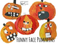 four pumpkins with faces painted on them and the words funny face pumpkins written in black