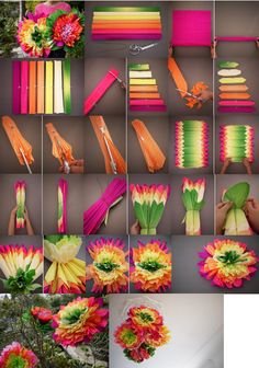 many different types of flowers are being made with colored ribbons and paper straws on the stems