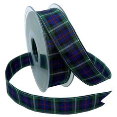 a roll of tartan ribbon with a blue and green plaid pattern on it,