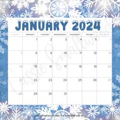 January 2024 Monthly calendar free printable with snowflake background January 2024 Calendar Printable Free, January 2024 Calendar, Calendar To Print, Wall Calendar Design, Calendar Themes