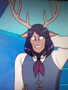 an animated image of a woman with antlers on her head and hands behind her head