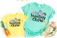 Easter Hunting Crew Shirts. Super soft and COMFY! This Tee is a UNISEX true to size Fit and is ink printed. Features: Fabric: 52% combed ringspun cotton 48% Poly 4.3 oz. 32 singles fabric laundered for reduced shrinkage Features: 1x1 baby rib-knit set-in collar Satin label Shipping: Your Tee will ship with in 1-3 business days. We do not ship on weekends. All shipping is USPS first class mail that typically takes 2-5 business days. You may also upgrade to Priority shipping which is normally 2-3 Family Matching Green Tops For Spring, Family Matching Crew Neck Shirt For Spring, Spring Family Matching Crew Neck Shirt, Long Sleeve Cotton Shirt, Easter Shirts, Family Easter, Toddler Mom, Bunny Shirt, Cricut Joy