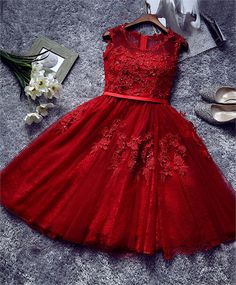 Burgundy Lace Tulle Short Prom Dress, Lace Homecoming