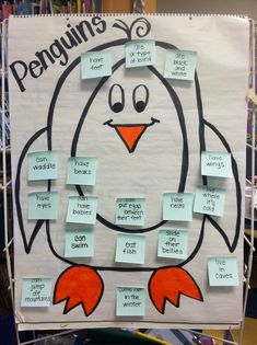 a bulletin board with penguins written on it