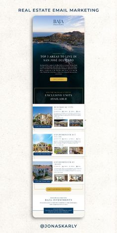 the real estate email marketing flyer is displayed on a white background with blue and gold accents