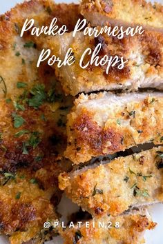 panko parmesan pork chops on a white plate with text overlay