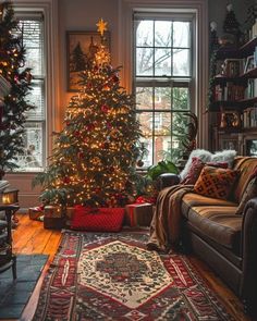 a living room with a christmas tree in the corner