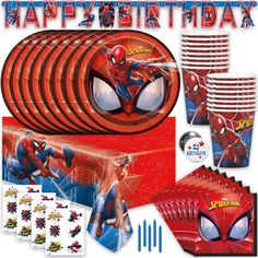 spiderman birthday party supplies including plates, napkins and cups