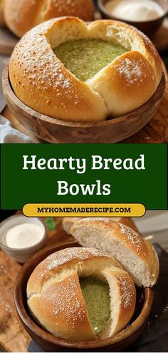 hearty bread bowls with pesto dip in them