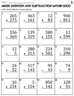 mixed addition and subtraction worksheet with two digit numbers in the middle