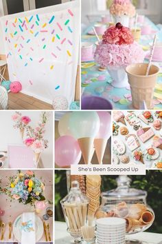 a collage of photos with pink, yellow and blue decorations on it's table