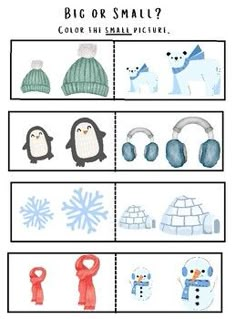 a printable worksheet with pictures of snowmen and penguins