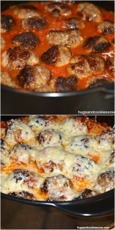 two pictures of meatballs and sauce in a pan