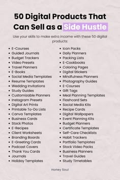 the top 50 digital products that can sell as side hustle info graphic on white paper