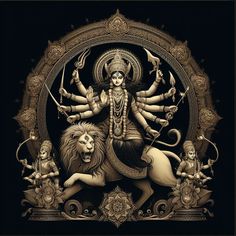 an image of the hindu god sitting on top of a lion and surrounded by other animals