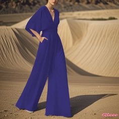 Qteee - Formal Jumpsuit with Wide-Leg, High-Waisted Design Fitted Solid Color Jumpsuit For Beach, Fitted Solid Color Jumpsuits And Rompers For Beach, Blue Full-length Jumpsuits And Rompers For Summer, Blue Full-length Summer Jumpsuits And Rompers, Formal Jumpsuit, Chiffon Wrap, Velvet Maxi Dress, Jumpsuit Elegant, Tie Waist Dress