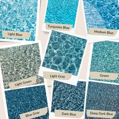 the different shades of blue and green swimming pool tiles are shown in various sizes, shapes, and colors