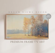 a painting hanging on the wall with words below it that read, dream views decor