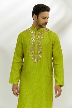 Lime green stripe print kurta with zardozi, marodi work gold thread placed embroidery. - Aza Fashions Ceremonial Green Kurta For Navratri, Green Ceremonial Kurta For Navratri, Green Ceremonial Kurta For Diwali, Green Kurta With Dabka Work For Ceremonial Occasions, Ceremonial Green Kurta With Dabka Work, Ceremonial Green Kurta With Resham Embroidery, Green Kurta For Ceremonial Occasions, Transitional Season, Green Ceremonial Kurta For Transitional Season, Transitional Green Kurta For Ceremonial Occasions