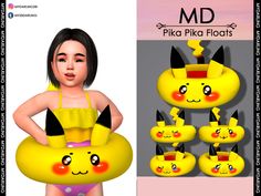 the girl is wearing a yellow swimsuit with pika's head on it