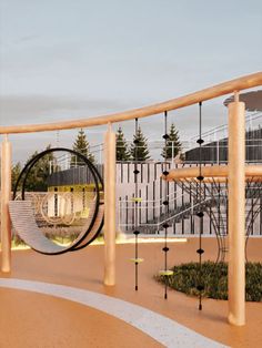 an artistic rendering of a playground with swings and benches