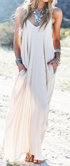 Boho Chic Looks ISpaghetti Strap Solid Color Sleeveless Maxi Dress Sukienki Maksi, Boho Party, Beach Maxi Dress, Maxi Robes