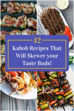 Collage of 4 kabob recipes. Mediterranean Kabob Recipes, Shishkabobs Marinade Beef Kabobs, Kabob Koobideh, K Bobs Recipes Shish Kabobs, Vegetable Shish Kabob Grilled, Veggie Options, Meat Skewers, Backyard Barbecue