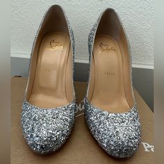 Size 36.5 New Worn On The Carpet Sticker Residue Can Be Easily Removed Silver Sparkling Heels Comes With Box Sparkling Heels, Silver Heels, Louboutin Shoes, Christian Louboutin Shoes, Shoes Women Heels, Christian Louboutin, Shoes Heels, Carpet, Women Shoes