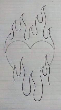 a drawing of a heart with flames coming out of it