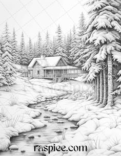 a drawing of a cabin in the woods with snow on the ground and trees around it