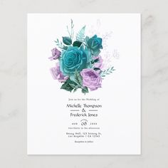 a wedding card with blue and purple roses