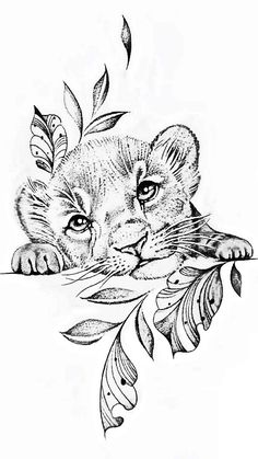 a pencil drawing of a lion cub resting on a branch with leaves around its neck