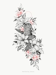 a drawing of a bird sitting on top of flowers