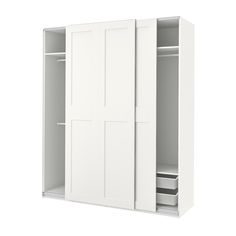 a white closet with two doors and drawers on the bottom shelf is open to reveal its contents