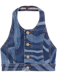 indigo blue stretch-cotton denim abstract pattern print appliqué logo halterneck front button fastening open back straight hem cropped Denim Crop Top, Versace Outfit, Iconic Bags, Printed Denim, T Shirt Diy, Cute Simple Outfits, Emilio Pucci, Ballet Flat Shoes, Cami Tanks